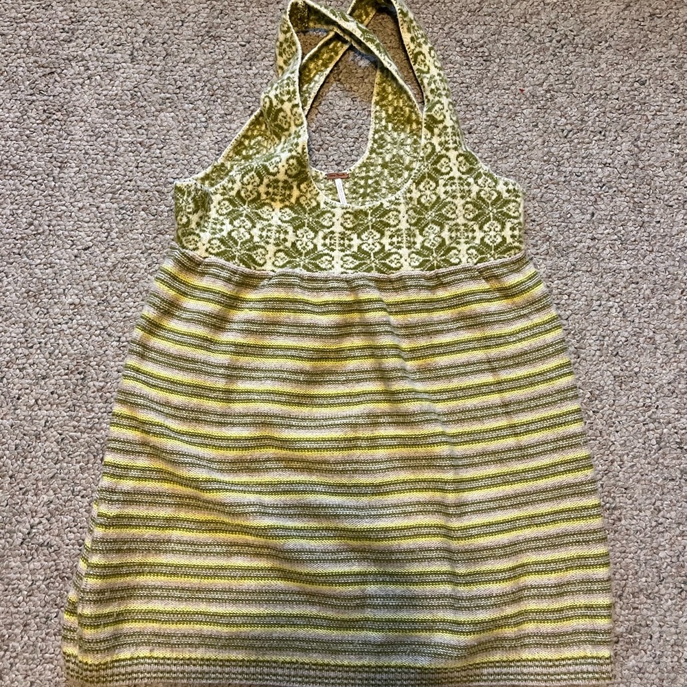 Free people green sweater tank mini dress criss cross medium